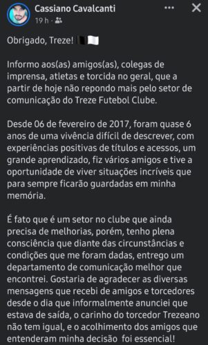 Nas redes Responsável pela comunicação do Treze comunica desligamento